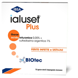 Garza ialuset plus impregnata di crema di acido ialuronico 0,05%, di sulfadiazina argentica 1%, macrogol, glicerolo e acqua 10 x 10 cm 10 pezzi