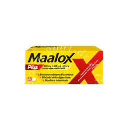 Maalox plus 200 mg + 200 mg + 25 mg compresse masticabili  magnesio idrossido + alluminio ossido, idrato + dimeticone 50 compresse
