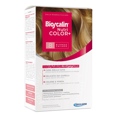 Bioscalin nutricolor plus 8 biondo chiaro crema colorante 40 ml + rivelatore crema 60 ml + shampoo 12 ml + trattamento finale balsamo 12 ml