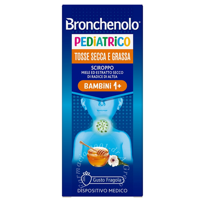 Sciroppo bronchenolo pediatrico tosse secca e grassa da 1 anno in su 120 ml gusto fragola senza coloranti artificiali, senza alcol, senza ogm