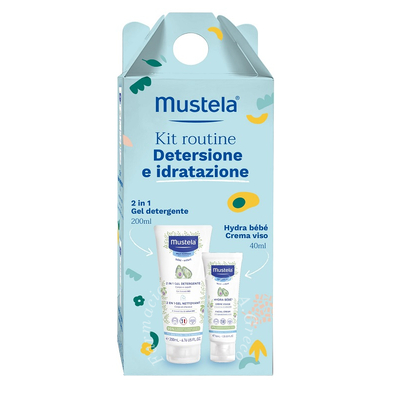 Mustela kit routine detergente & idratante 1 gel detergente 2 in 1 200 ml + 1 hydra bebe' crema viso 40 ml