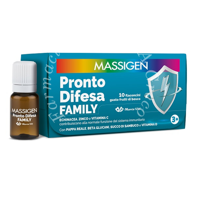 Massigen pronto difesa family 10 flaconcini da 10 ml gusto frutti di bosco con zucchero ed edulcorante senza glutine senza lattosio